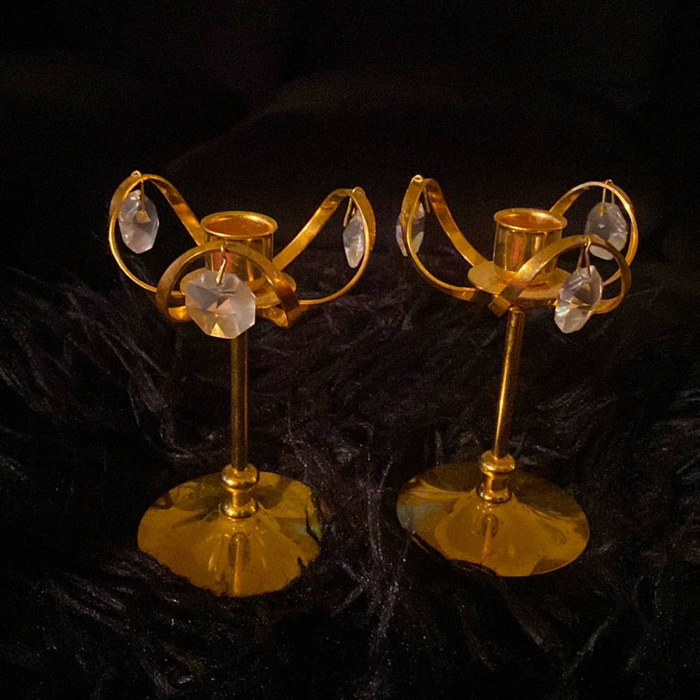 Brass Crystal mcm goblet style candle stick holders 6” 2 piece set
